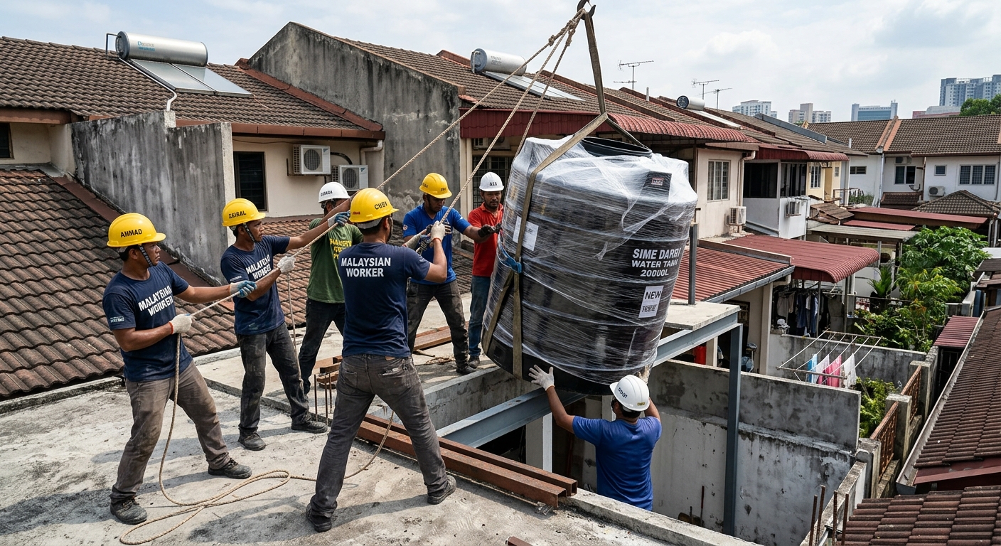 Pemasangan tangki air baru dengan sambungan paip lengkap selepas cuci tangki air lama